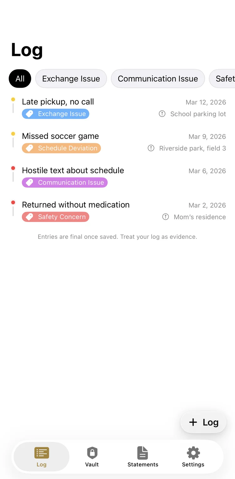 Evidexi app showing a list of documented custody incidents